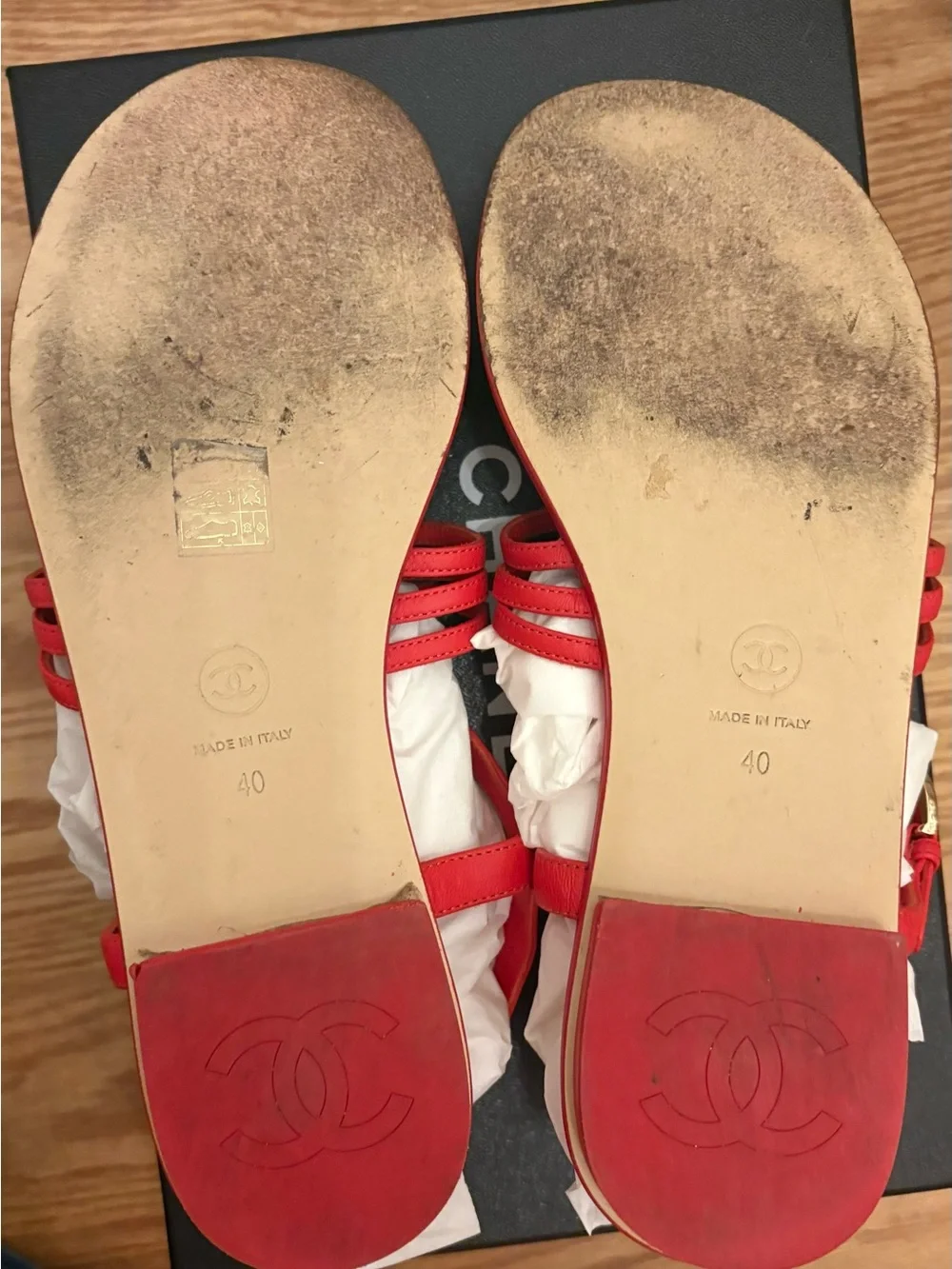 CHANEL Red CC T-Strap Sandals with Crystal Logo